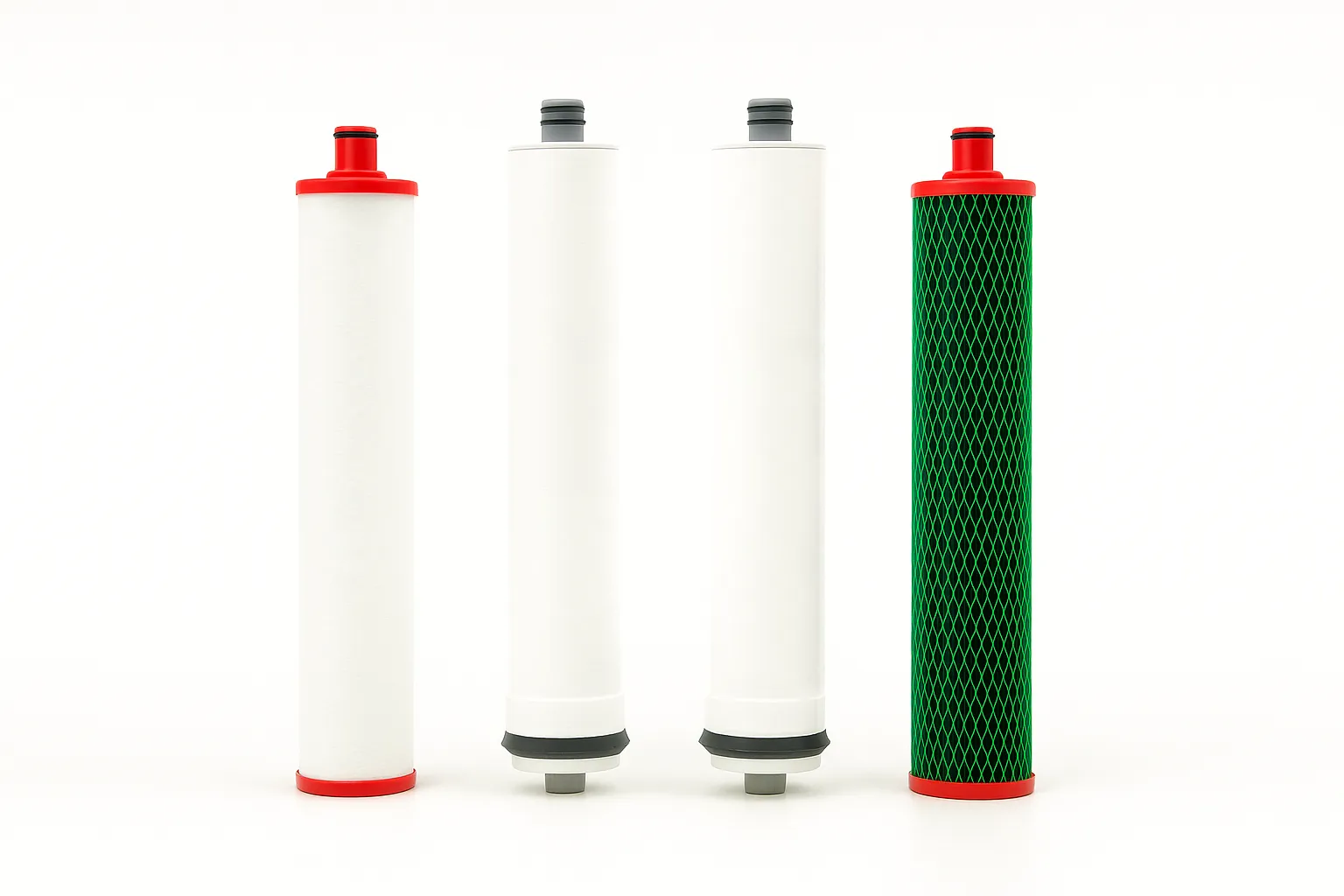 Filterelemente der Twin Turbo Plus: Vorfilter, zwei RO-Membranen und AMF-Nachfilter